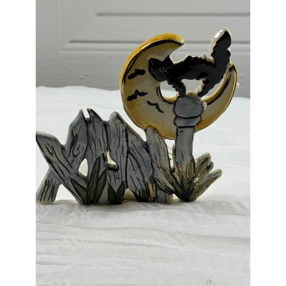 Blue Sky Heather Goldminc Clayworks Halloween Cat on Fence Candle Holder 2002